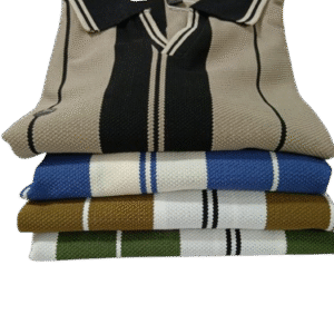 Old Money striped polo sweater for men in navy blue and cream colors, premium knit fabric, full sleeves, smart casual style by Urban SHQ